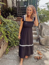 Load image into Gallery viewer, Black ruffle maxi dress
