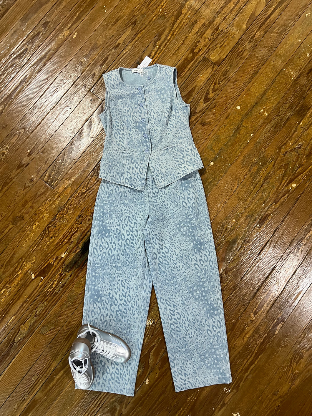 Denim Leopard Print Vest Set