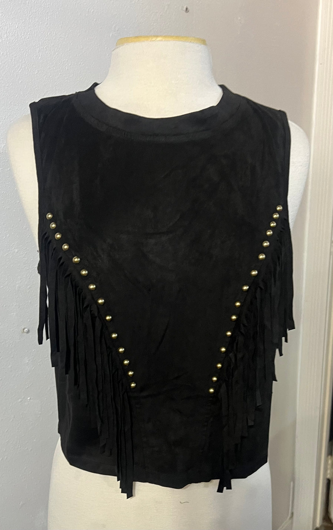 Black Suede Fringe Sleeveless Top