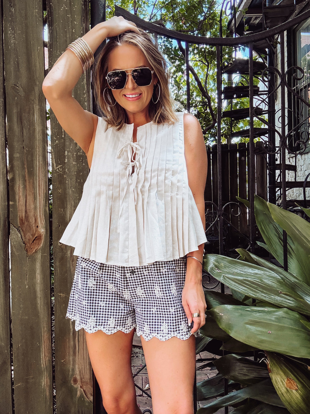 Embroidered black and white gingham print shirts