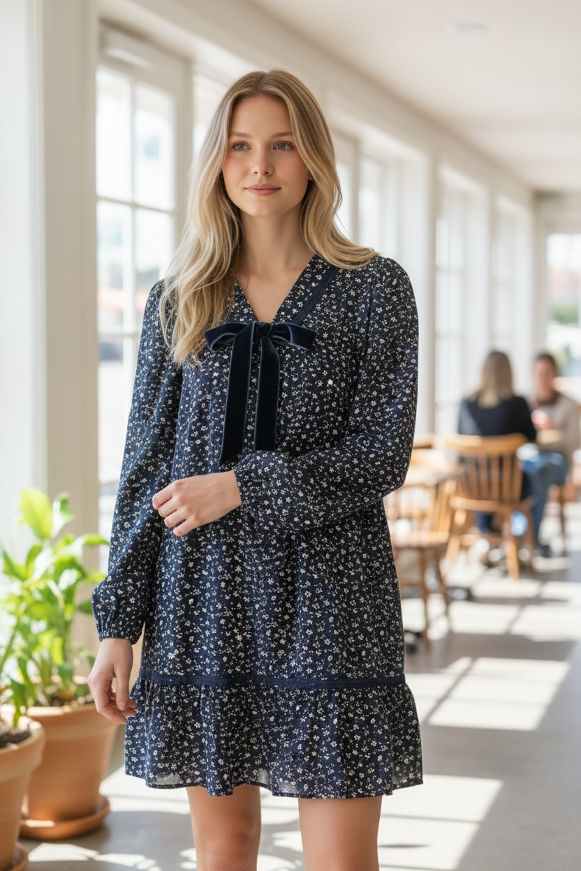 Midnight Blue Meadow Bow Dress